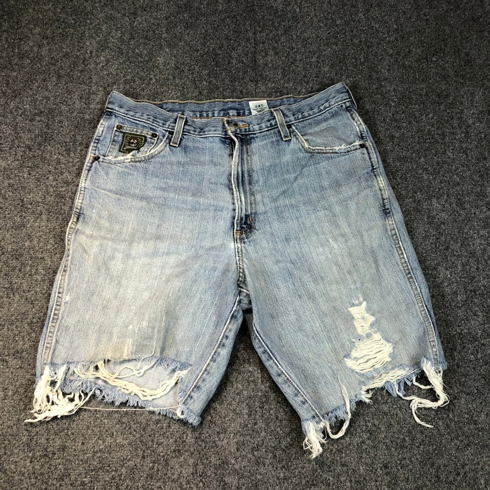 CINCH Mens Distressed Blue Denim Cutoff Shorts Size 34x32 Ripped Frayed